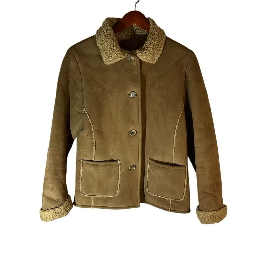 Fjall Sherpa Jacket, Small. Brown Pockets. Faux Suede, Shearling. Thick and warm